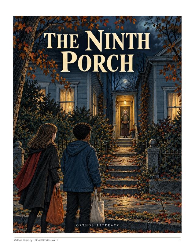 The Ninth Porch: two teenagers approach a lit porch on an autumn night.