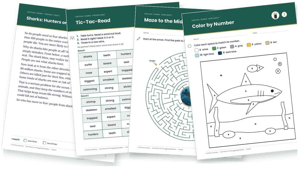 Activity pages from the free Sharks sub plan: Fact or Myth, Tic-Tac-Read, a maze and color by number