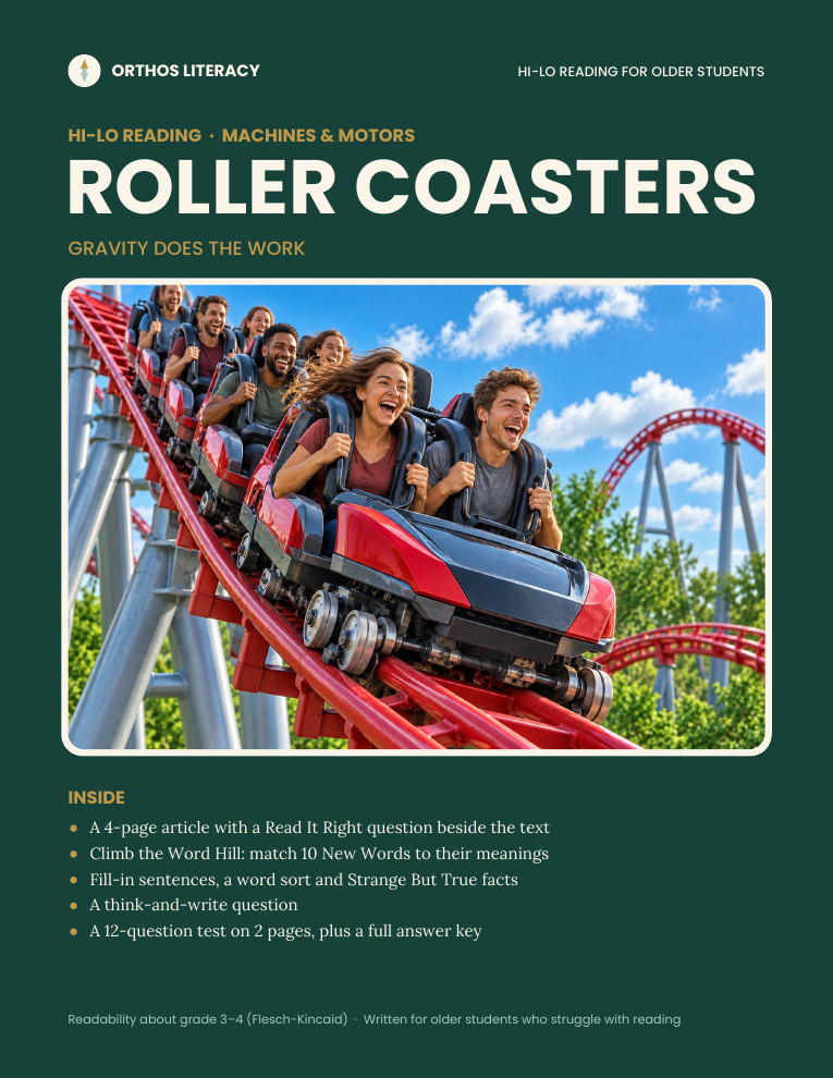 Cover of the Orthos Roller Coasters Hi-Lo reading packet